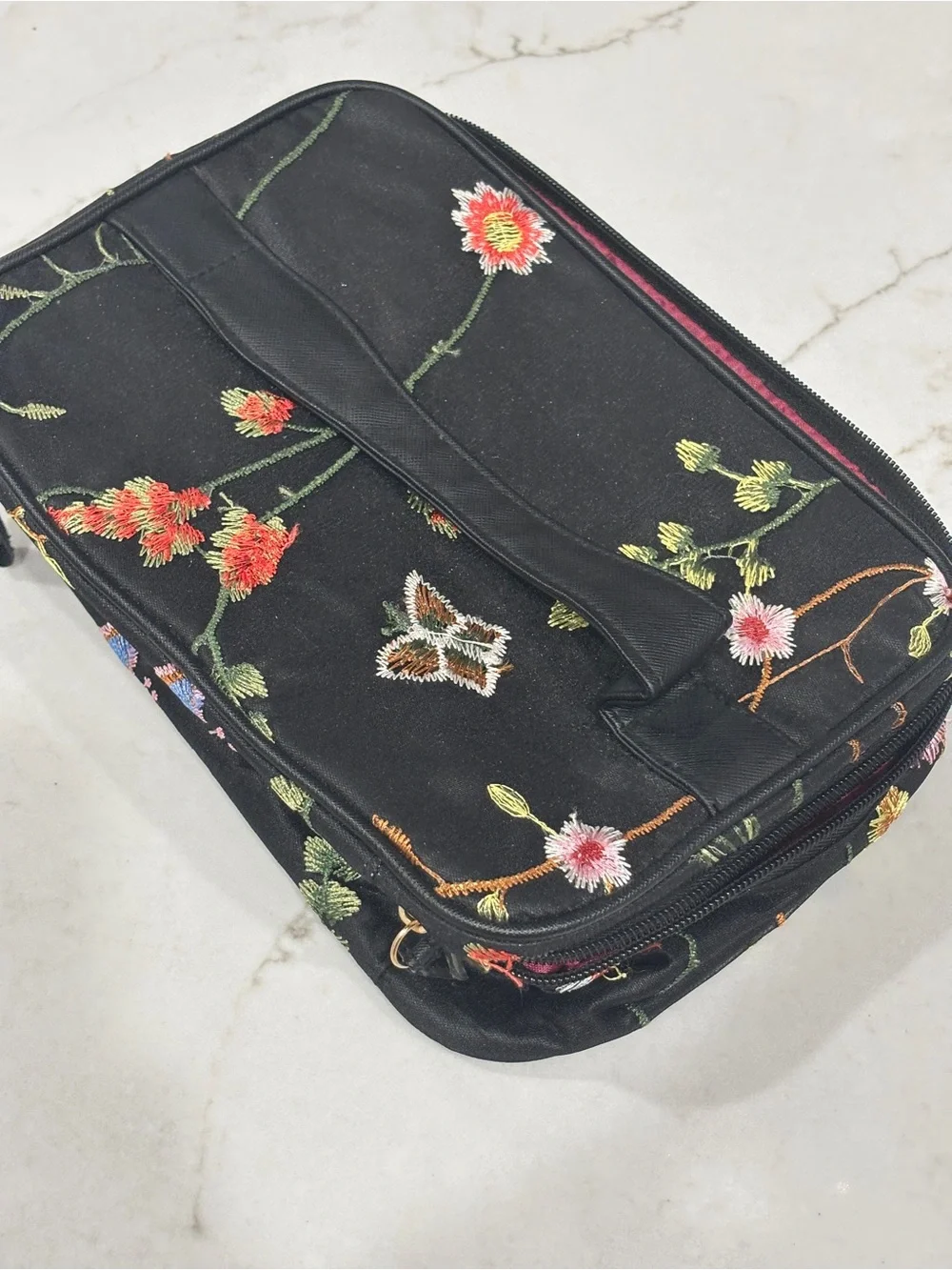 Black Floral Embroidered Travel Organizer Bag